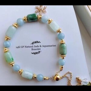 - 14K GP Natural Aquamarine （March February)  & Jade Bracelet